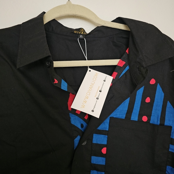 Black African Print Men's Shirt Featuring Blue And Red Patterned - Picture 3 of 4